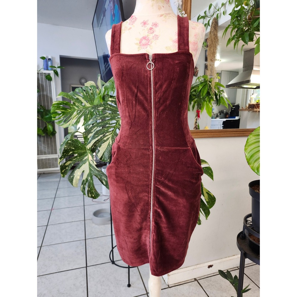 Heart Hips Burgundy Corduroy Zip Front Pinafore Dress Small Y2K Grunge Academia - Picture 5 of 11